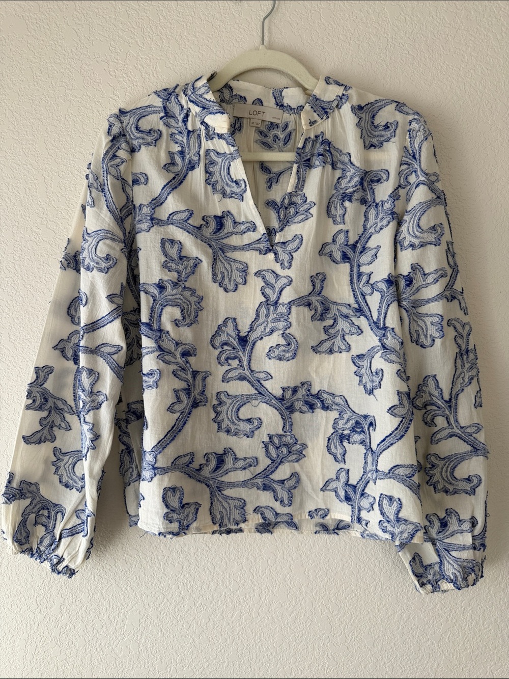 LOFT White Blouse with Blue Floral Scroll Print